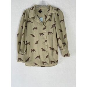 Ann Taylor Sz Sm Leopard Print Puff Sleeve Button Down Blouse Tan Beige NWT